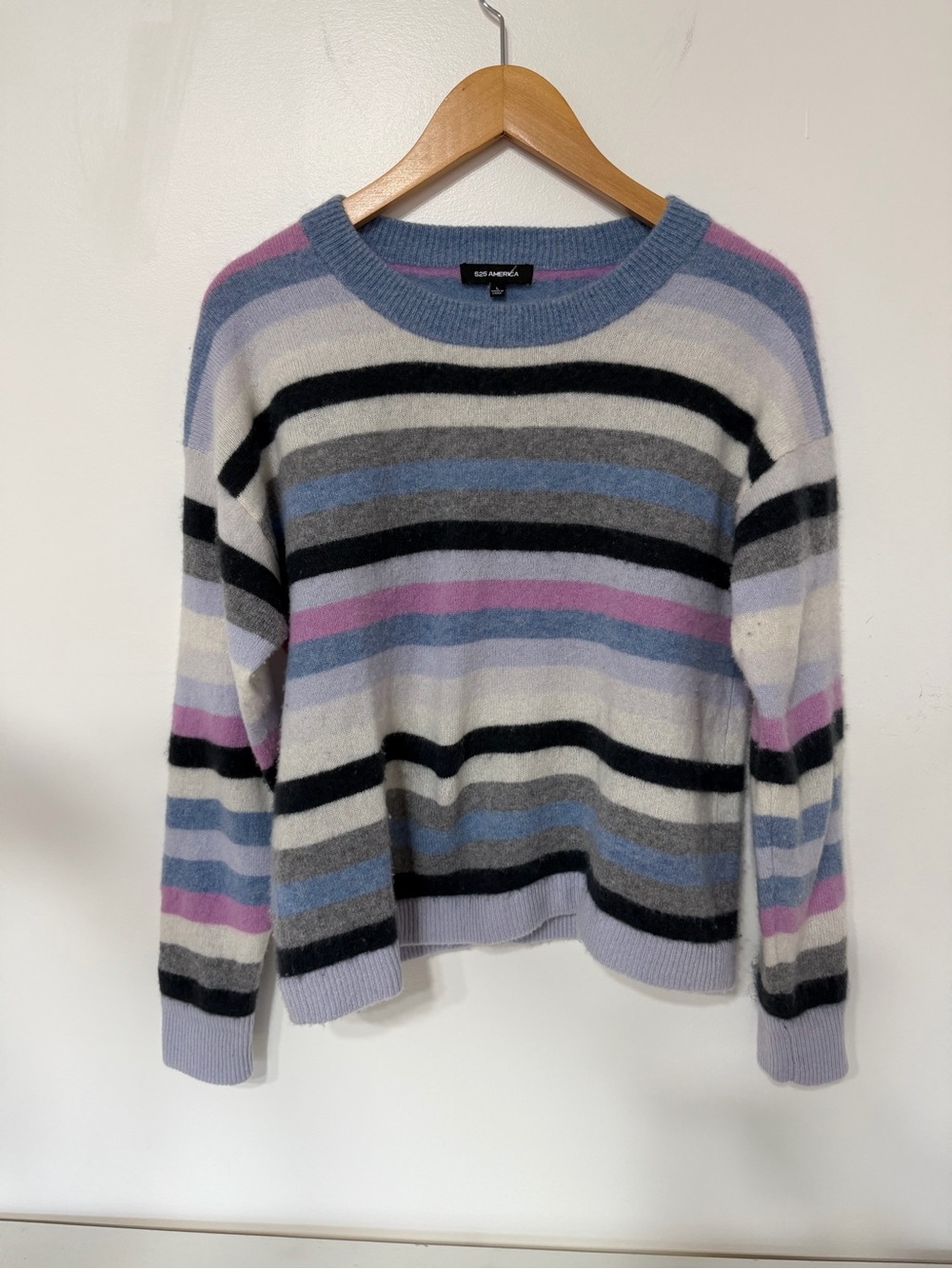 525 America 100% Cashmere Striped Crewneck Sweater Blue Purple Women’s Large